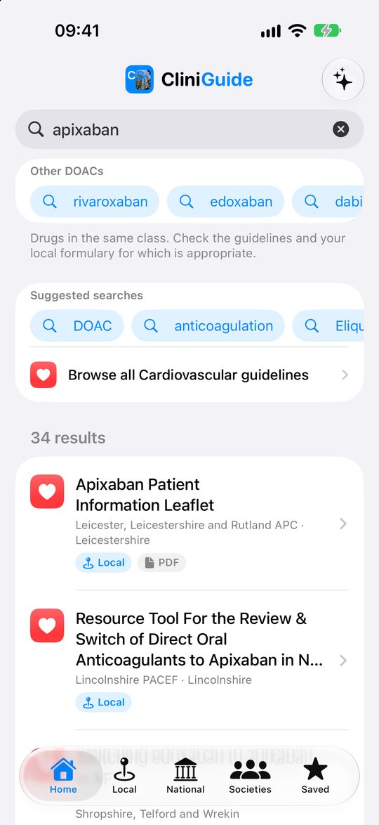 CliniGuide search results for apixaban, suggesting other DOACs and related searches above 34 matching guidelines